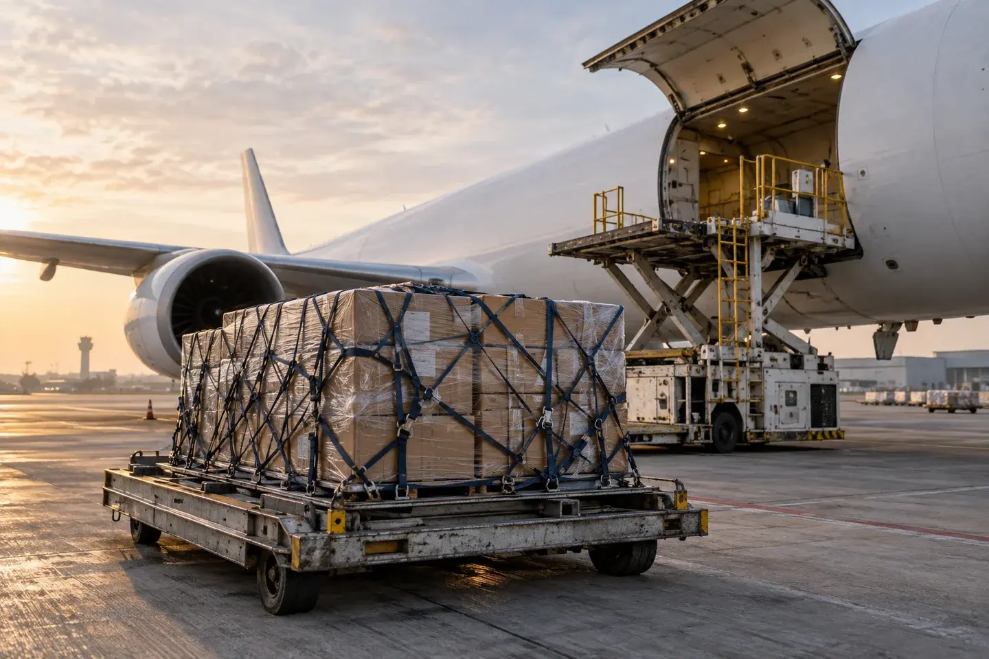 Kargo uçağına yüklenmek üzere apronda hazırlanan paketler