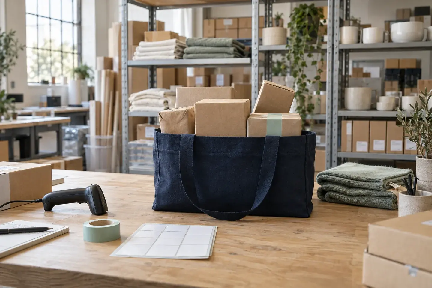 Sevke hazırlanan paketler, barkod okuyucu ve düzenli ürün rafları